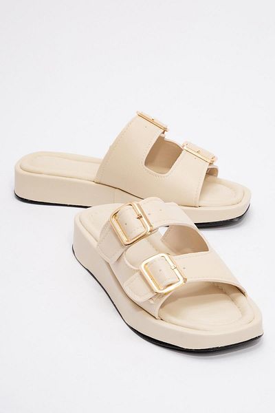 Ccway BEIGE Women's Slippers - Double Buckle