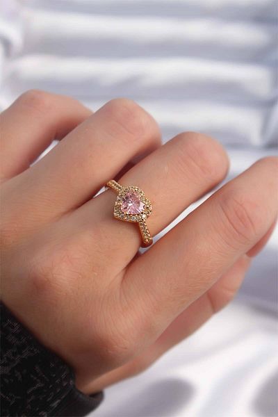 ZUHUDİ F37 Model Adjustable Brass Gold and Pink Zircon Stone Charm Ring