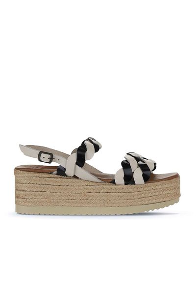 Bueno Shoes Sandale espadrille pentru femei din piele strălucitoare, negru bej, cu toc pană - 01wu6119