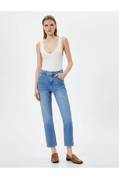 Koton Straight Leg-Jeans, normale Taille, Baumwolle, flexible Tasche - Eve Slim Jeans