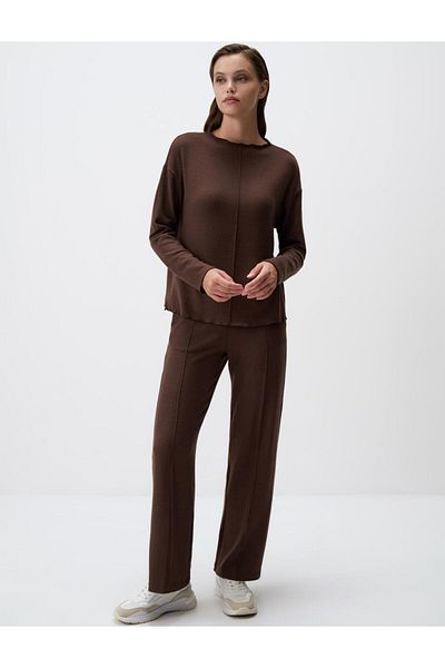 Jimmy Key Coffee Melange High Waist Relaxed Fit Wide Leg Knitted Trousers