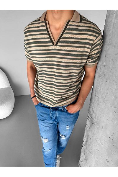 ablukaonline Μπεζ Πράσινο Ανδρικό μπλουζάκι Oversize - Μισόπατι γιακά, Διχτυωτό
