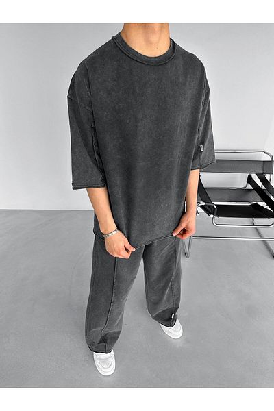 ablukaonline Ανδρικό μπλουζάκι Oversize Washable Backstitch Λεπτομερές T-shirt Μαύρο
