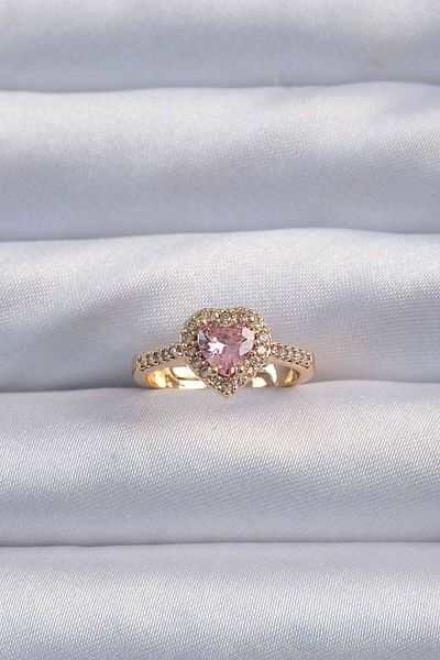 ZUHUDİ F37 Model Adjustable Brass Gold and Pink Zircon Stone Charm Ring