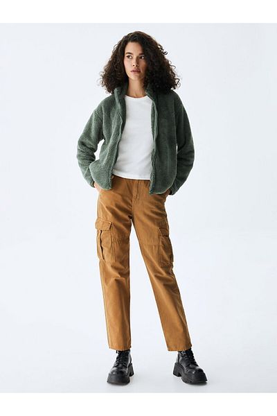 Ltb Green Regular Fit Plain Stand Collar Zippered Cardigan