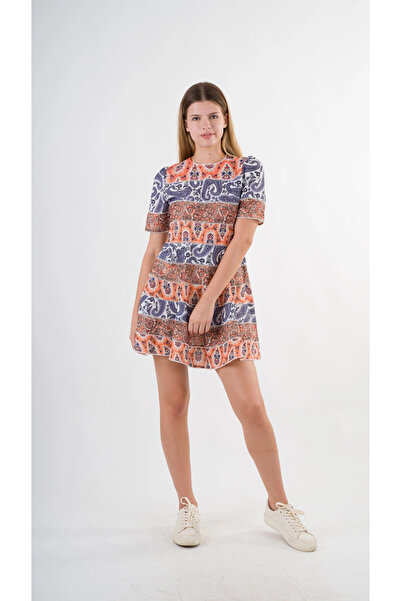 hazelin Women's Navy Blue Orange Ethnic Patterned Crew Neck Unlined Dress Hzl24S-Yy238