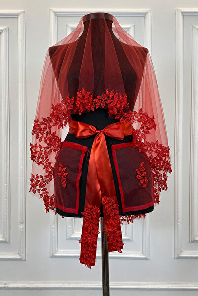 ZEYMERADE Kırmızı Gelin Duvak Seti, Güpürlü Ve İnci Süslemeli Kına Gecesi Duv...