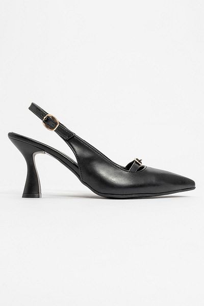 Ccway Black Leather Buckle Open Back Women's Heeled Shoes