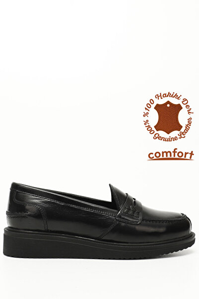 GÖNDERİ(R) Γυναικεία μαύρα λουστρίνια με επένδυση από γνήσιο δέρμα Loafer παπ...