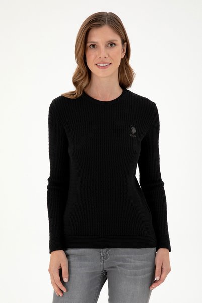 U.S. Polo Assn. Pulover de bază negru pentru femei, cu gâtul rotund, 50288979-VR046