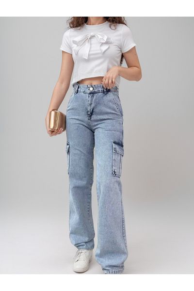 SHEVEGA Ice Blue Cargo Pocket Boyfriend Flare Jean Blugi cu picioare largi