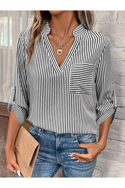 JANES Cămașă țesută pentru femei cu mânecă lungă cu decolteu în V - cu buzunare