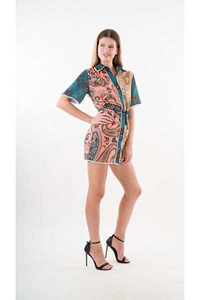 hazelin Πράσινο κίτρινο πουκάμισο φόρεμα - Ζώνη με σχοινί, HZL24S-YY237