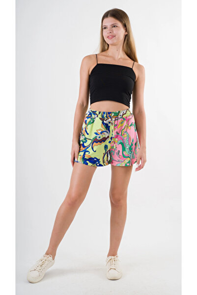 hazelin Women's Green Pink Elastic Waist and Tie Pocket Shorts Hzl24S-Yy226