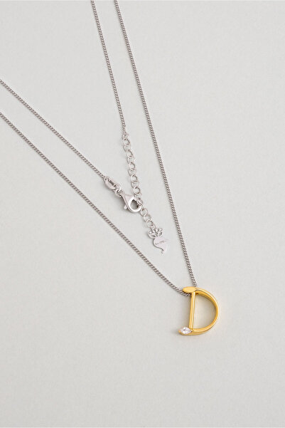 So CHIC... Asimetrik D Harfi 18 Ayar Beyaz ve Sarı Altın Kaplama 45 Cm Gümüş Harfli Kolye