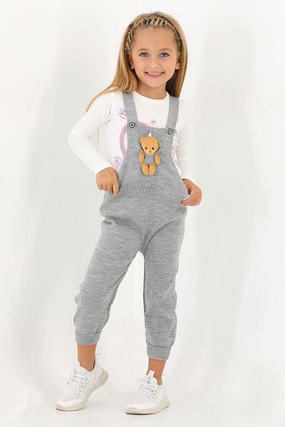 zepkids Hanging Strap Buttoned Gray Color Salopet with Teddy Bear on the Front