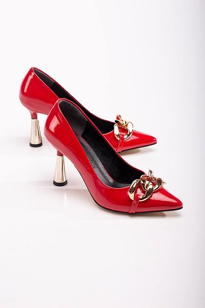 Ccway Women's Chain Heeled Shoes Red Patent Leather