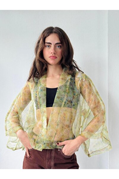 Retrobird Відкритий зелений органічний міні-кімоно - жіночий пальто з дизайне...