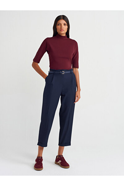 Dilvin 71542 Model Navy Blue Belted Curved Leg Trousers