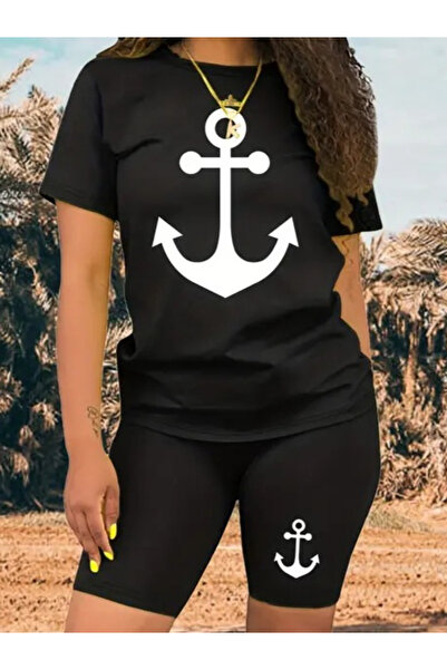 buğrahayalin Women's Short Sleeve Anchor Printed Viscose Double Suit