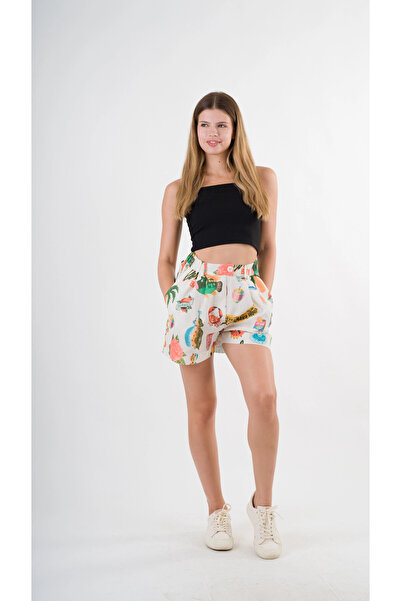 hazelin Women's Shorts with Pockets - Multi-Colored, Elastic Waist and Button Detail Hzl24S-Yy277