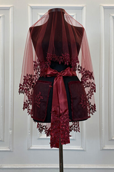 ZEYMERADE Bordo Gelin Duvak Seti, Güpürlü Ve İnci Süslemeli Kına Gecesi Duvağ...