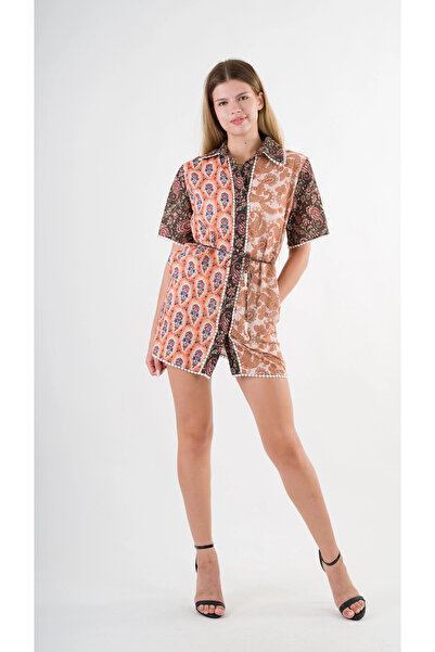 hazelin Καφέ κίτρινο σχοινί φόρεμα πουκάμισο με ζώνη - HZL24S-YY237