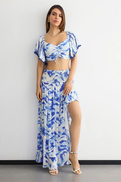 Hiccup High Waist Asymmetrical Short Sleeve Patterned Suit