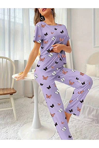 Modayakamoz Γυναικείο κοντομάνικο ποδηλατικό λαιμόκοψη με στάμπα μονό ζέρσεϊ σετ δύο τεμαχίων