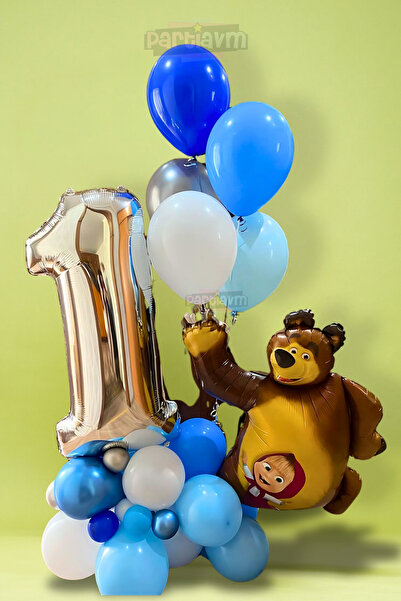 PARTİAVM Blue Tone Big Bear Number Foil Balloon Set - 1-9 Number Selection