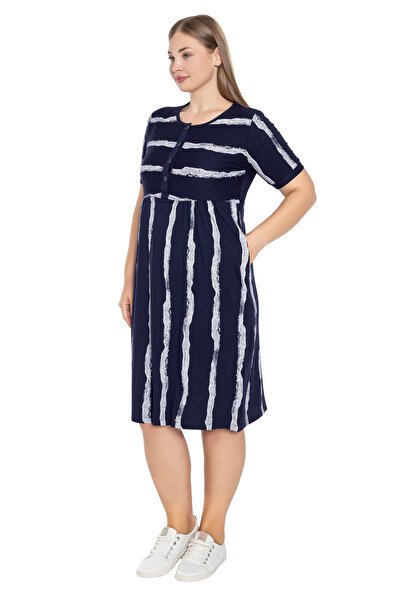 İntensive Μπλε ναυτικό μοτίβο με κοντομάνικο κουμπιά τσέπη συν μέγεθος βαμβακερό φόρεμα