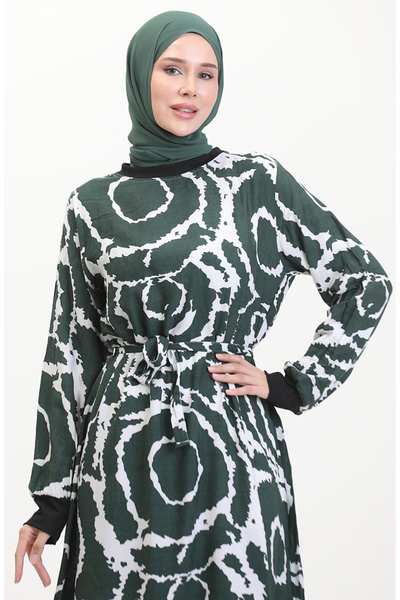 sefamerve Khaki White Viscose Dress - Rib Detailed and Belted 0447A-01