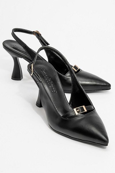 Ccway Black Leather Buckle Open Back Women's Heeled Shoes