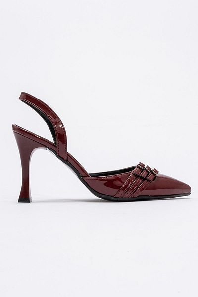 Ccway Claret Red Patent Leather Women's Heeled Shoes - 3 Buckle Design