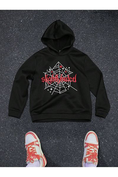 aynewmoda Черен оувърсайз суитшърт с качулка и щампа „паяжина“ отпред