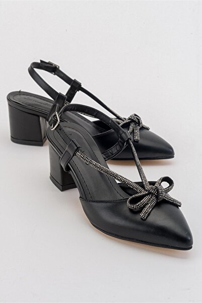 Ccway Sandale cu toc pentru femei Bow Stone PIELE NEGRĂ