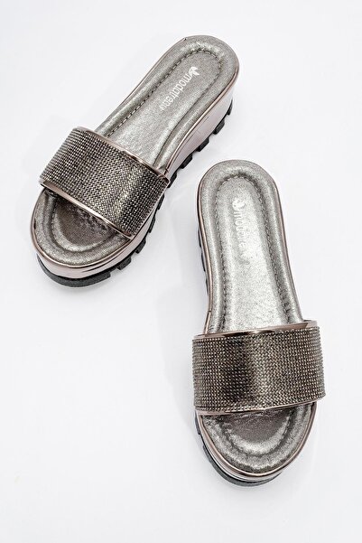 Ccway Stone Detailed Wedge Heel Women's Slippers - PLATINUM PLATINUM