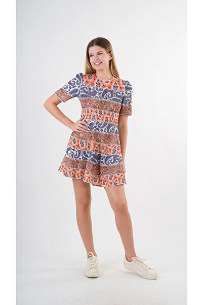 hazelin Women's Navy Blue Orange Ethnic Patterned Crew Neck Unlined Dress Hzl24S-Yy238