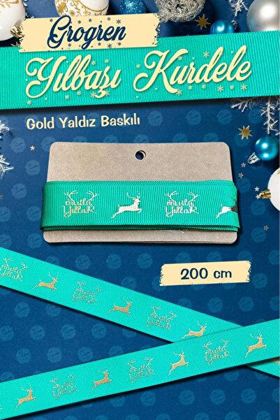t tuğset etiket Yılbaşı Kurdele Grogren 2 mt  Yeşil-Gold Geyik Desenli -T1066