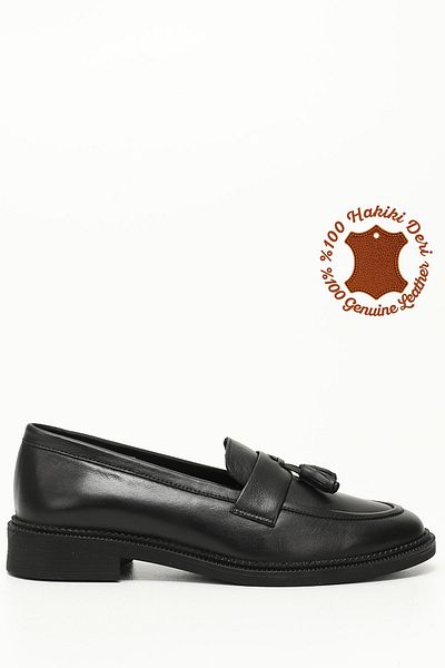 GÖNDERİ(R) Women / Girls Black Genuine Leather Tassel Loafer Shoes