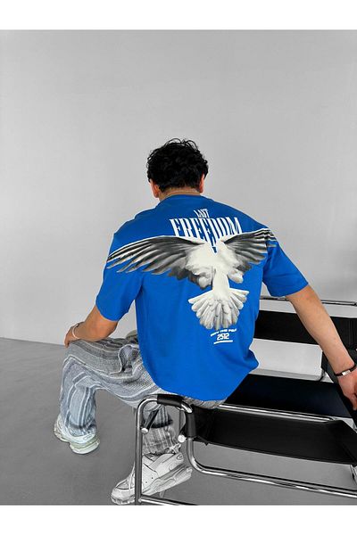 ablukaonline Μπλουζάκι Μπλε Ανδρικό Oversize Crew Neck 100% βαμβάκι