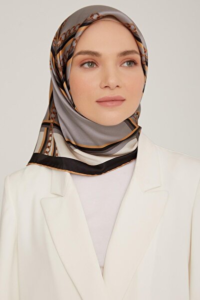 Armine وشاح حريري من التويل باللون الرمادي والأسود - الحنين 8845-03