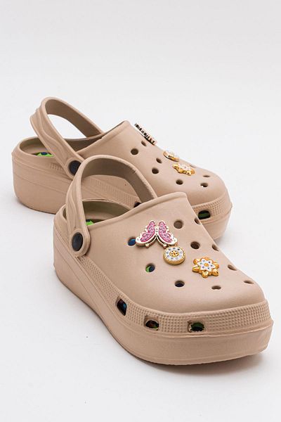 Ccway Thick Sole Women's Sabo Slippers with Accessories Beige