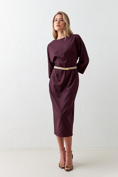 Setre Rochie de lungime midi cu mânecă lungă, cu decolteu roșu Claret, cu centură la talie