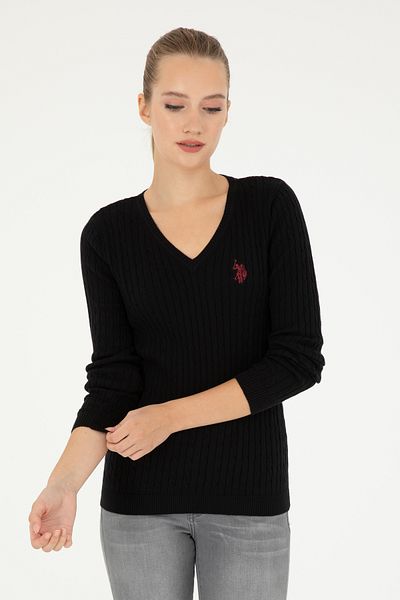 U.S. Polo Assn. Pulover de bază negru cu decolteu în V de damă 50293561 -vr046