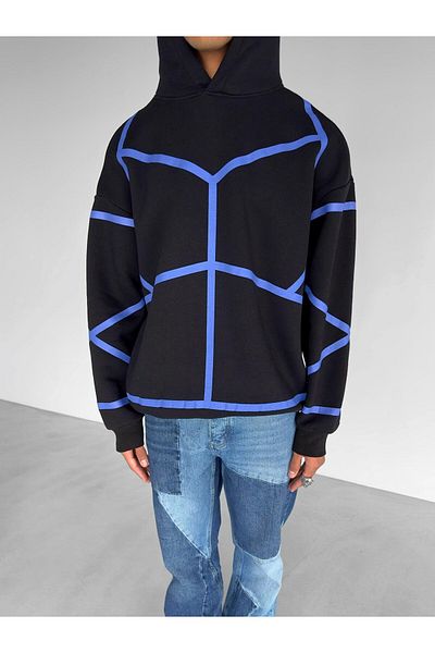 ablukaonline Men's Black Hoodie - Oversize, Geometric Pattern
