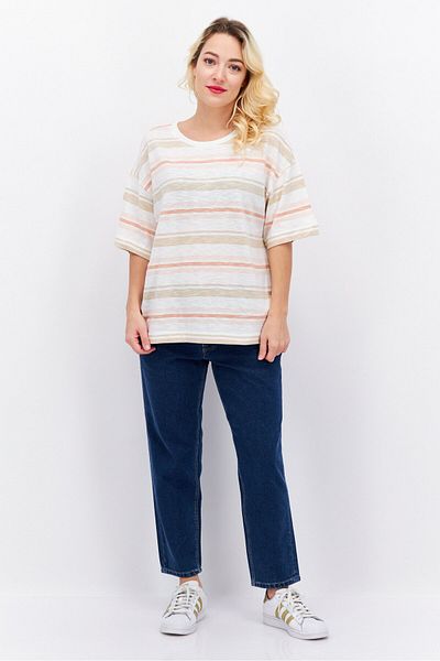 Esprit Women Round Neck Short Sleeve Striped T-shirt, Ivory Combo