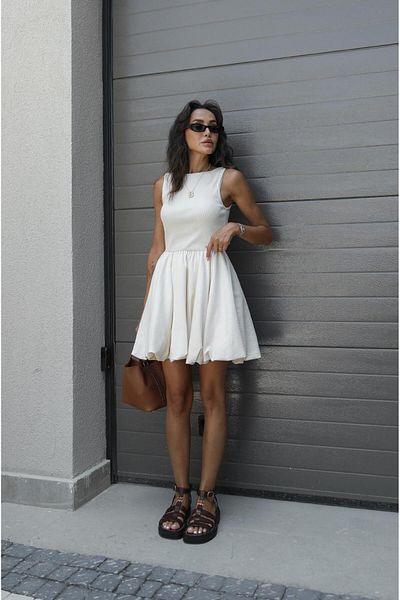 Havoş Beige Thick Strap Dress with Balloon Skirt