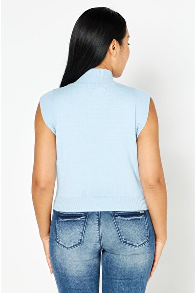 Don't Call Me Jennyfer Women Mock Neck Cap Sleeves Knitted Top, Sky Blue