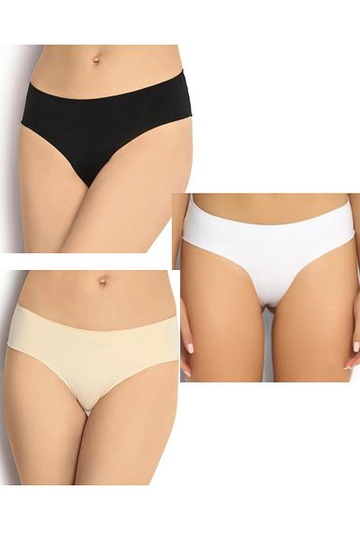 socksbox Bikini pentru femei, negru-alb-culoarea pielii, 3 buc. Chiloți fără sudură tăiați cu laser / Seria Plus